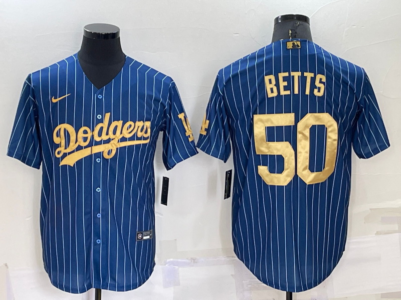 Men Los Angeles Dodgers 50 Mookie Betts Navy Gold Cool Base Stit