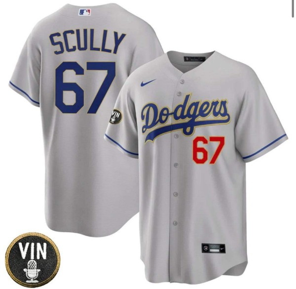 Men Los Angeles Dodgers 67 Vin Scully 2022 Grey Vin Scully Patch Cool Base Stitched Baseball Jersey