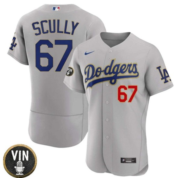 Men Los Angeles Dodgers 67 Vin Scully 2022 Grey Vin Scully Patch Flex Base Stitched Baseball Jersey