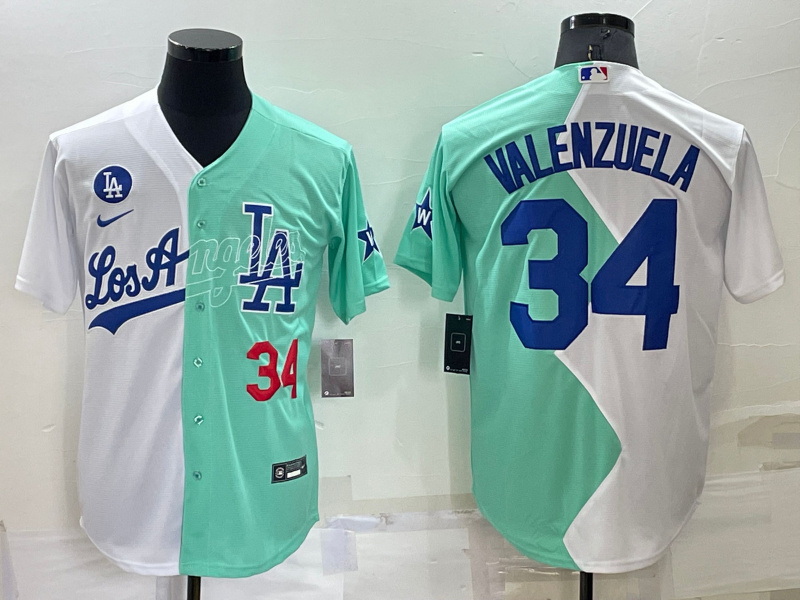 Men Nike Los Angeles Dodgers 34 Fernando Valenzuela 2022 All Star White Green Cool Base Stitched Bas