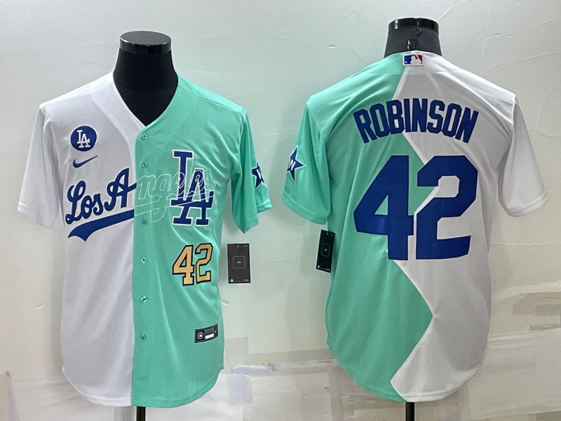 Men Nike Los Angeles Dodgers 42 Jackie Robinson 2022 All Star White Green Cool Base Stitched Basebal