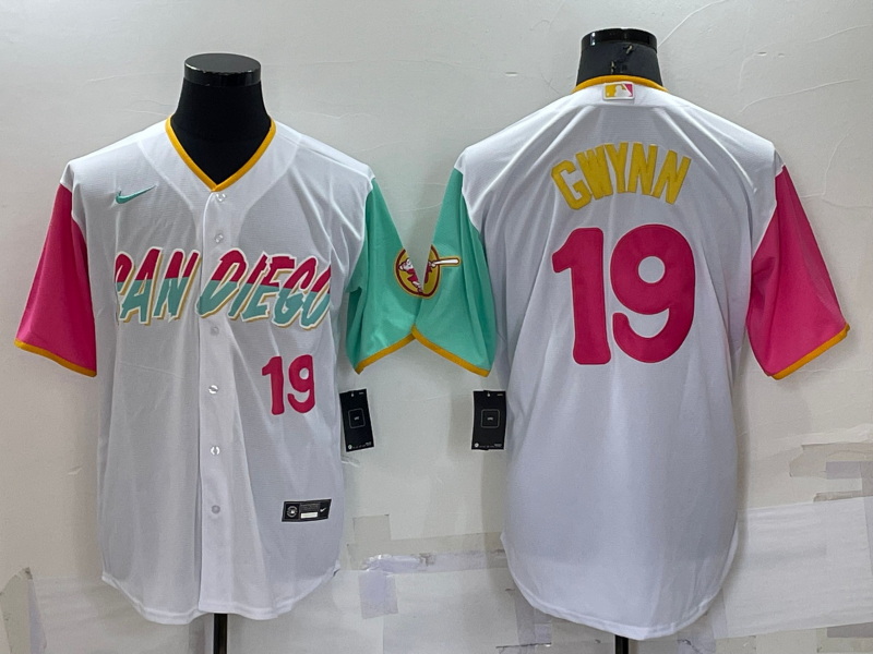 Men San Diego Padres 19 Tony Gwynn 2022 White City Connect Cool Base Stitched Jersey