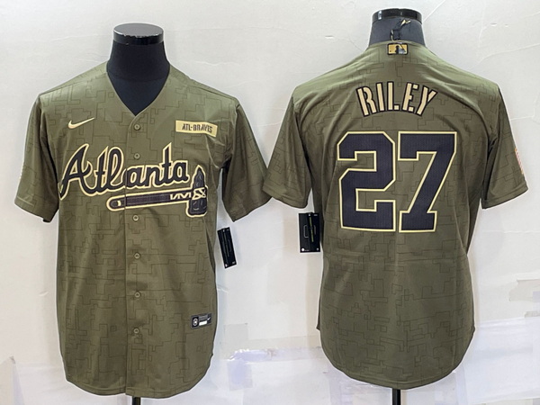 Men Atlanta Braves 27 Austin Riley Camo Salute To Service Cool Base Stitched Jersey