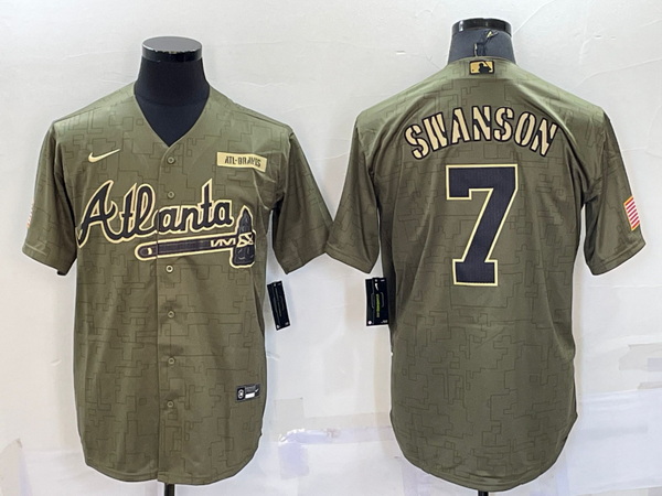 Men Atlanta Braves 7 Dansby Swanso Camo Salute To Service Cool Base Stitched Jersey