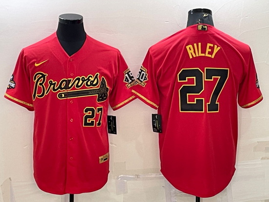 Men Atlanta Braves 27 Austin Riley Red Gold Cool Base Stitched Baseball Jersey