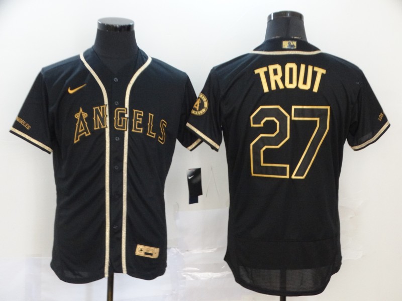 Men Nike Los Angeles Angels 27 Mike Trout Black Gold Cool Base Stitched Jersey