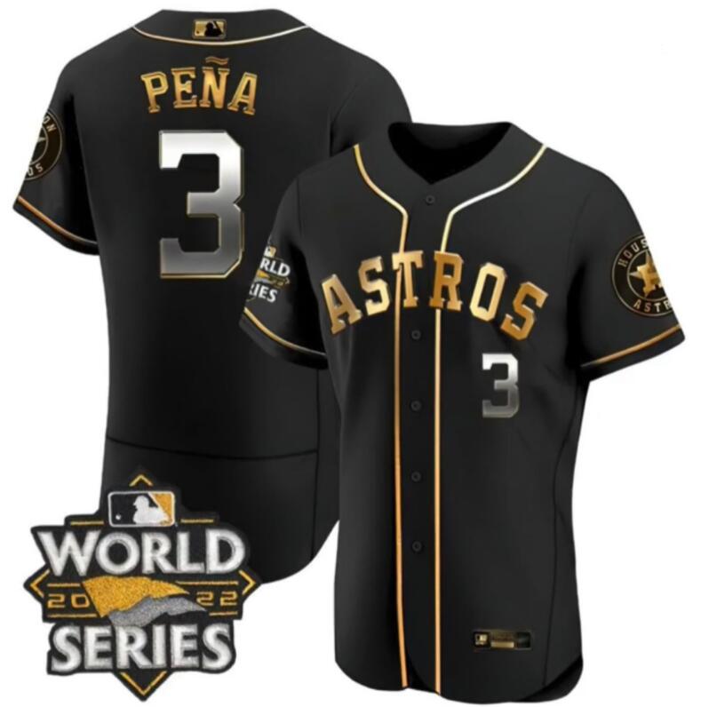 Men's Houston Astros #3 Jeremy Pena Black Gold 2022 World Series Patch Jersey