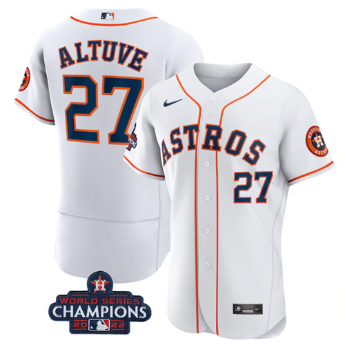 Men's Houston Astros #27 Jose Altuve White 2022 World Series Champions Flex Base Stitched Baseball J