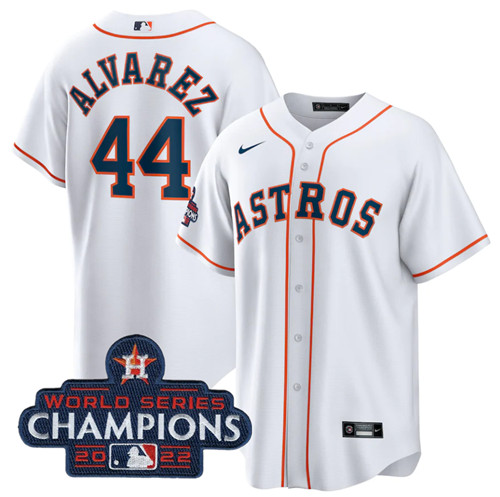 Men's Houston Astros #44 Yordan Alvarez White 2022 World Series Champions Home Stitched Baseball Jer