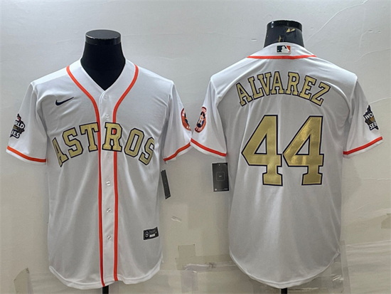 Men Houston Astros 44 Yordan Alvarez White Gold 2022 World Series Stitched Baseball Jersey