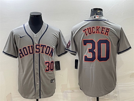 Men Houston Astros 30 Kyle Tucker Gray With Patch Cool Base Stitched Jersey