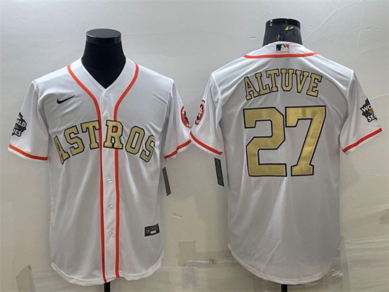 Men Houston Astros 27 Jose Altuve White Gold 2022 World Series Stitched Baseball Jersey