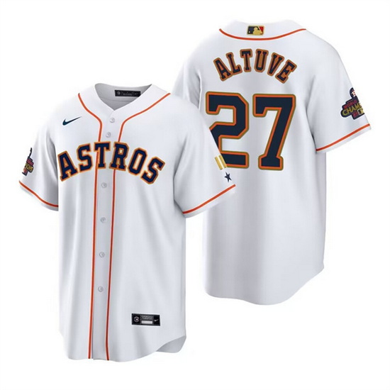 Men Houston Astros 27 Jose Altuve White Gold 2022 World Series Champions Stitched Baseball Jersey