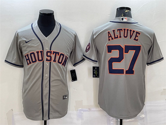 Men Houston Astros 27 Jose Altuve Grey With Patch Cool Base Stitched Jersey