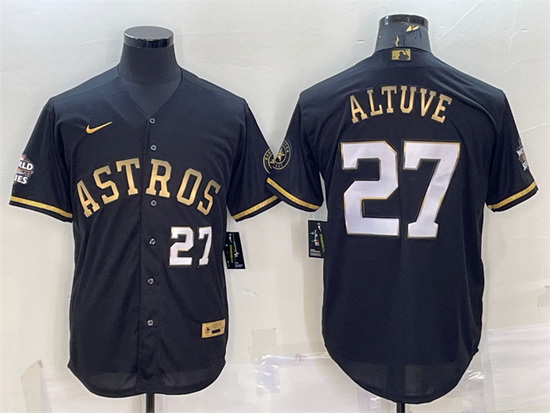 Men Houston Astros 27 Jose Altuve Black Gold 2022 World Series Stitched Baseball Jersey