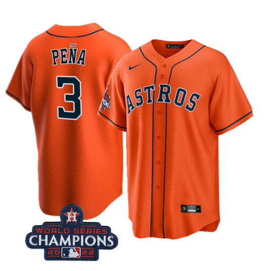 Men Houston Astros 3 Jeremy Pena Orange 2022 World Series Champions Cool Base Stitched Baseball Jers