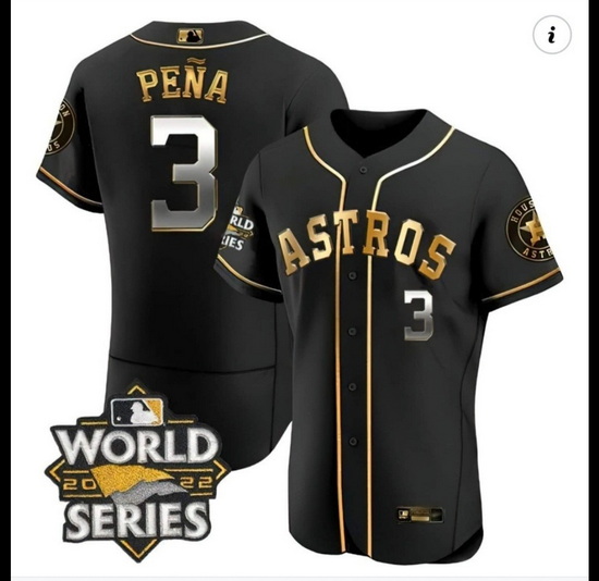 Men Houston Astros 3 Jeremy Pena Black Gold 2022 World Series Patch Jersey