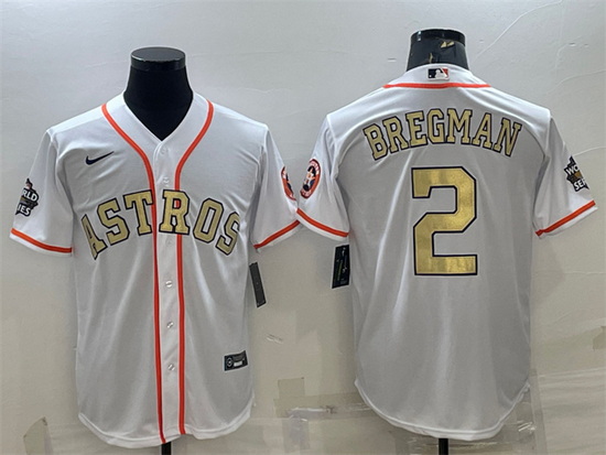 Men Houston Astros 2 Alex Bregman White Gold 2022 World Series Stitched Baseball Jersey