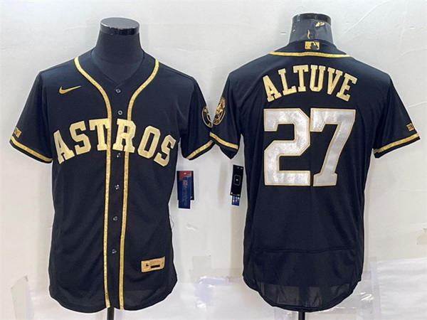 Men Houston Astros 27 Jose Altuve Black Gold Flex Base Stitched 