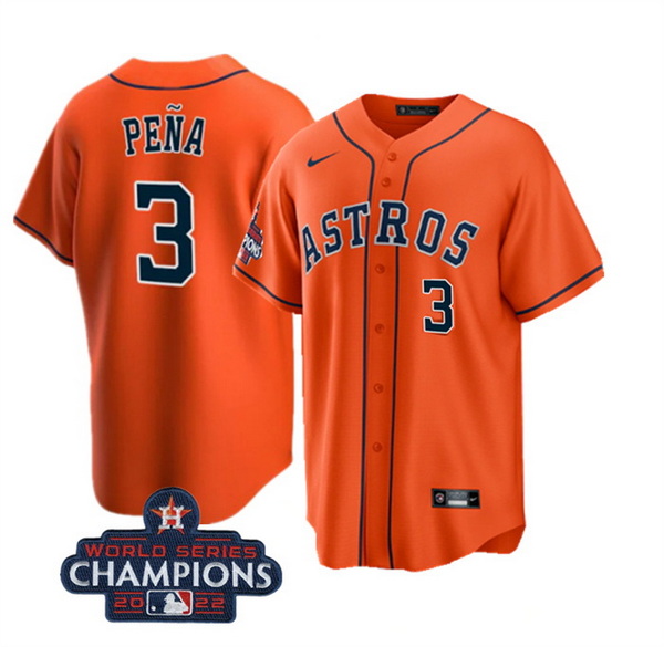 Men Houston Astros 3 Jeremy Pena Orange 2022 World Series Champions Cool Base With No  In Front Stit