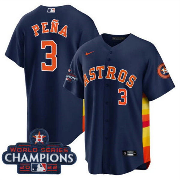 Men Houston Astros 3 Jeremy Pena Navy 2022 World Series Champions Cool Base With No  In Front Stitch