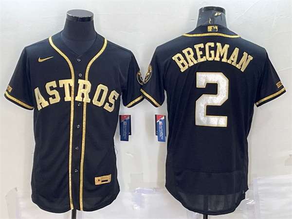 Men Houston Astros 2 Alex Bregman Black Gold Flex Base Stitched Jersey