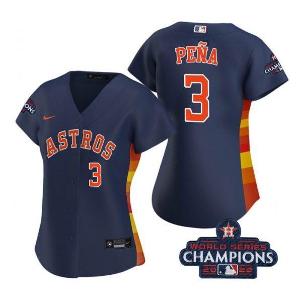 Women Houston Astros 3 Jeremy Pe F1a Navy 2022 World Series Champions With No  In Front Stitched Bas