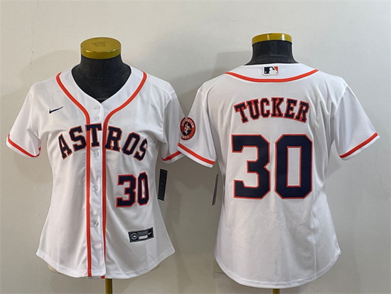 Women Houston Astros 30 Kyle Tucker White With Patch Cool Base Stitched Baseball Jerseys