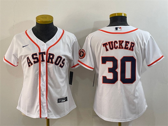 Women Houston Astros 30 Kyle Tucker White With Patch Cool Base Stitched Baseball Jersey