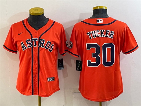 Women Houston Astros 30 Kyle Tucker Orange With Patch Cool Base Stitched Baseball Jersey