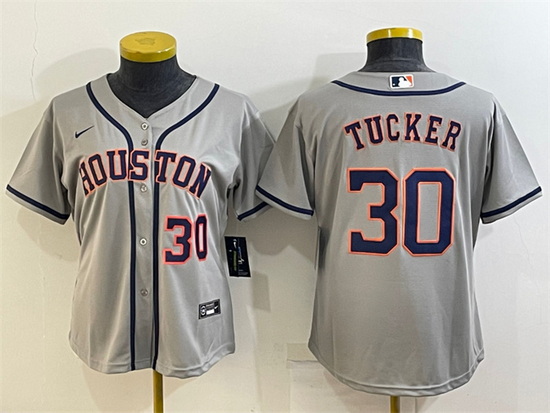 Women Houston Astros 30 Kyle Tucker Gray Cool Base Stitched Baseball Jersey