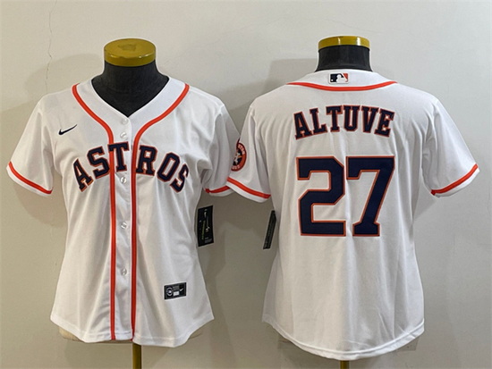 Women Houston Astros 27 Jose Altuve White With Patch Cool Base Stitched Baseball Jersey 1