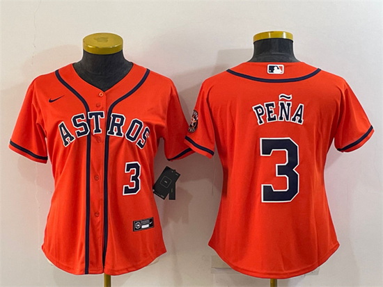 Women Houston Astros 3 Jeremy Pena Orange With Patch Cool Base Stitched Baseball Jersey 1