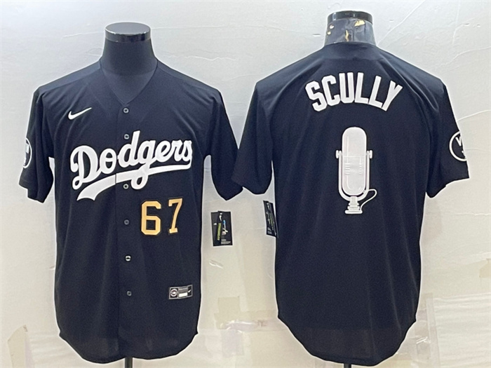 Men Los Angeles Dodgers 67 Vin Scully Black Big Logo With Vin Scully Patch Stitched Jersey 1