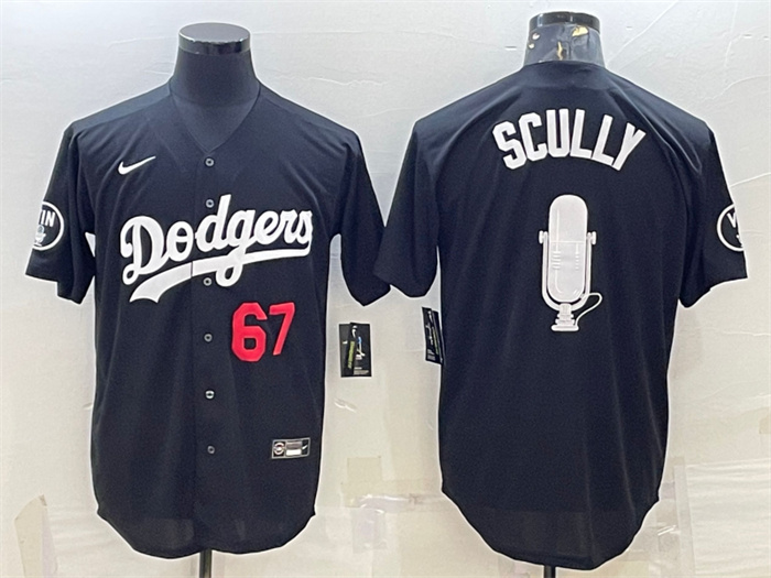 Men Los Angeles Dodgers 67 Vin Scully Black Big Logo With Vin Scully Patch Stitched Jersey 2