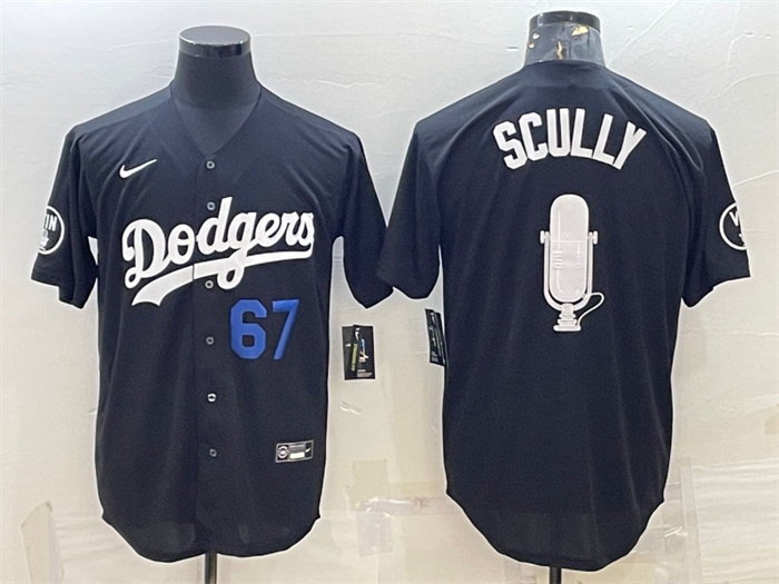 Men Los Angeles Dodgers 67 Vin Scully Black Big Logo With Vin Scully Patch Stitched Jersey