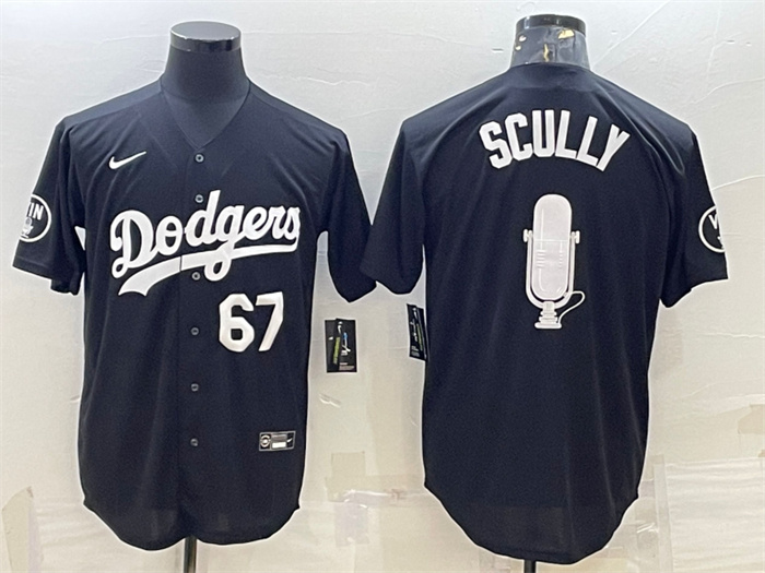 Men Los Angeles Dodgers 67 Vin Scully Black Big Logo With Vin Scully Patch Stitched JerseyS