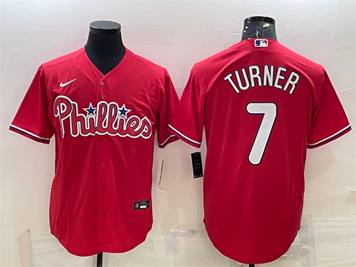 Men Philadelphia Phillies 7 Trea Turner Red Cool Base Stitched Baseball Jersey