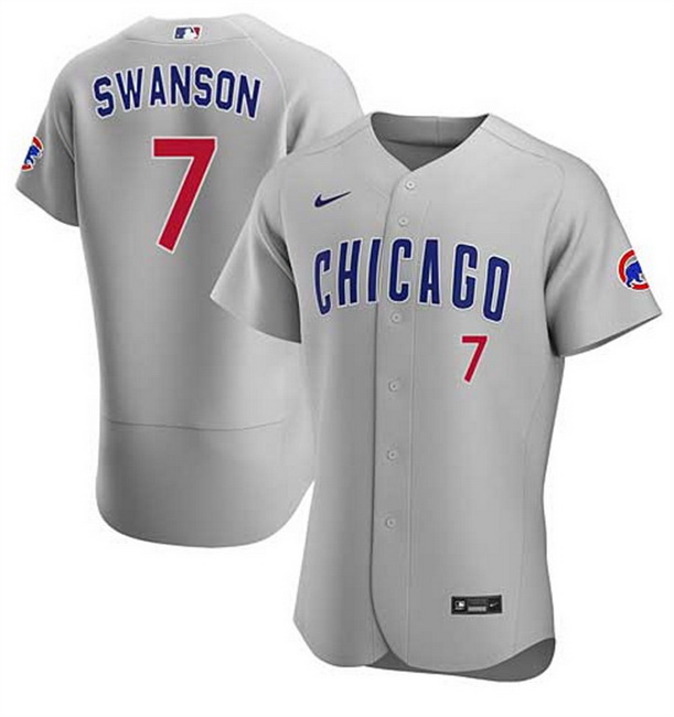 Men Chicago Cubs 7 Dansby Swanson Grey Flex Base Stitched Baseball Jersey