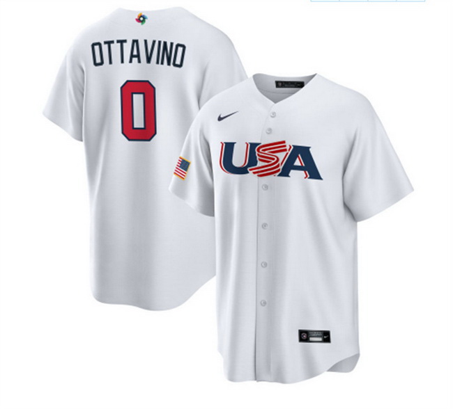 Men USA Baseball 0 Adam Ottavino 2023 White World Baseball Classic Replica Stitched Jersey