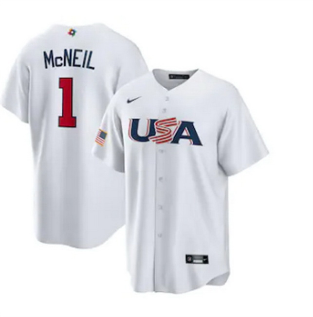 Men USA Baseball 1 Jeff McNeil 2023 White World Baseball Classic Replica Stitched Jersey