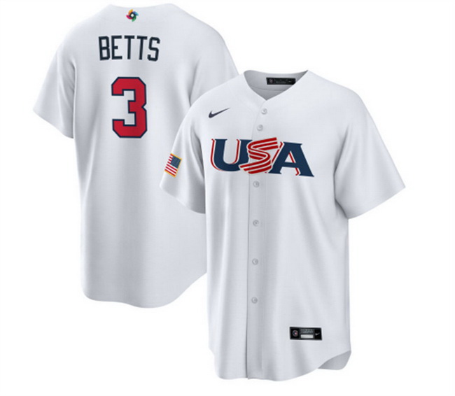 Men USA Baseball 3 Mookie Betts 2023 White World Baseball Classic Replica Stitched Jersey