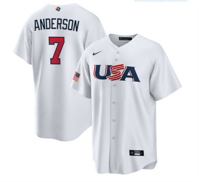 Men USA Baseball 7 Tim Anderson 2023 White World Baseball Classic Replica Stitched Jersey