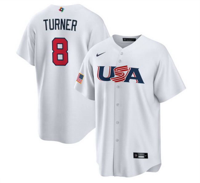 Men USA Baseball 8 Trea Turner 2023 White World Baseball Classic Replica Stitched Jersey