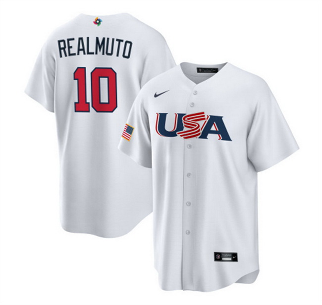 Men USA Baseball 10 J T  Realmuto 2023 White World Baseball Classic Replica Stitched Jersey