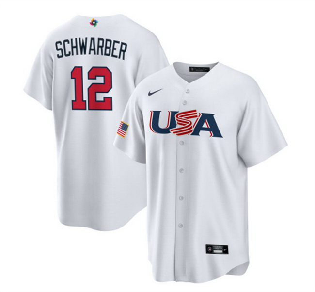 Men USA Baseball 12 Kyle Schwarber 2023 White World Baseball Classic Replica Stitched Jersey