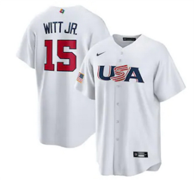 Men USA Baseball 15 Bobby Witt Jr  2023 White World Baseball Classic Replica Stitched Jersey