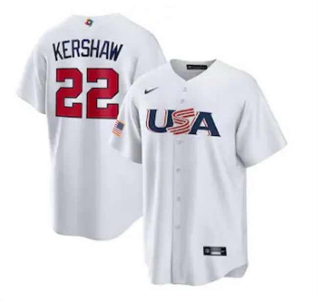 Men USA Baseball 22 Clayton Kershaw 2023 White World Baseball Classic Replica Stitched Jersey