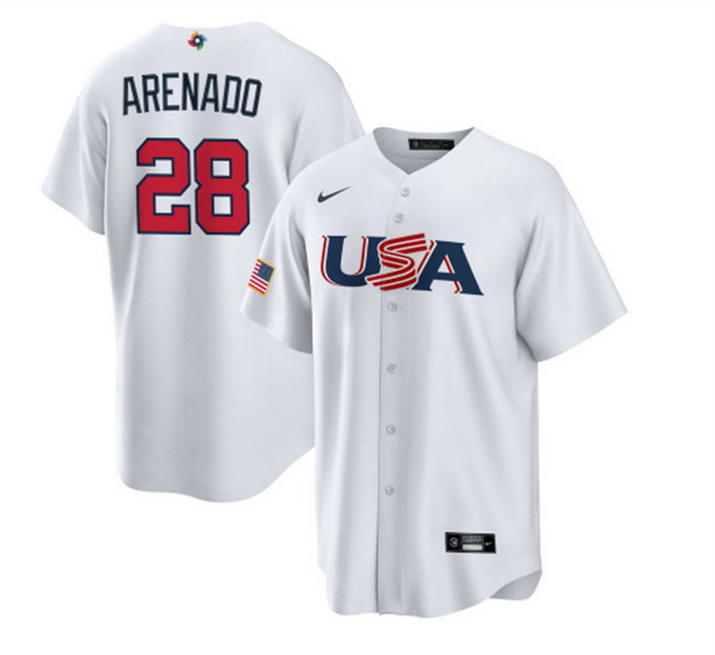 Men USA Baseball 28 Nolan Arenado 2023 White World Baseball Classic Replica Stitched Jersey