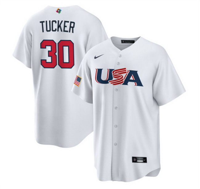 Men USA Baseball 30 Kyle Tucker 2023 White World Baseball Classic Replica Stitched Jersey